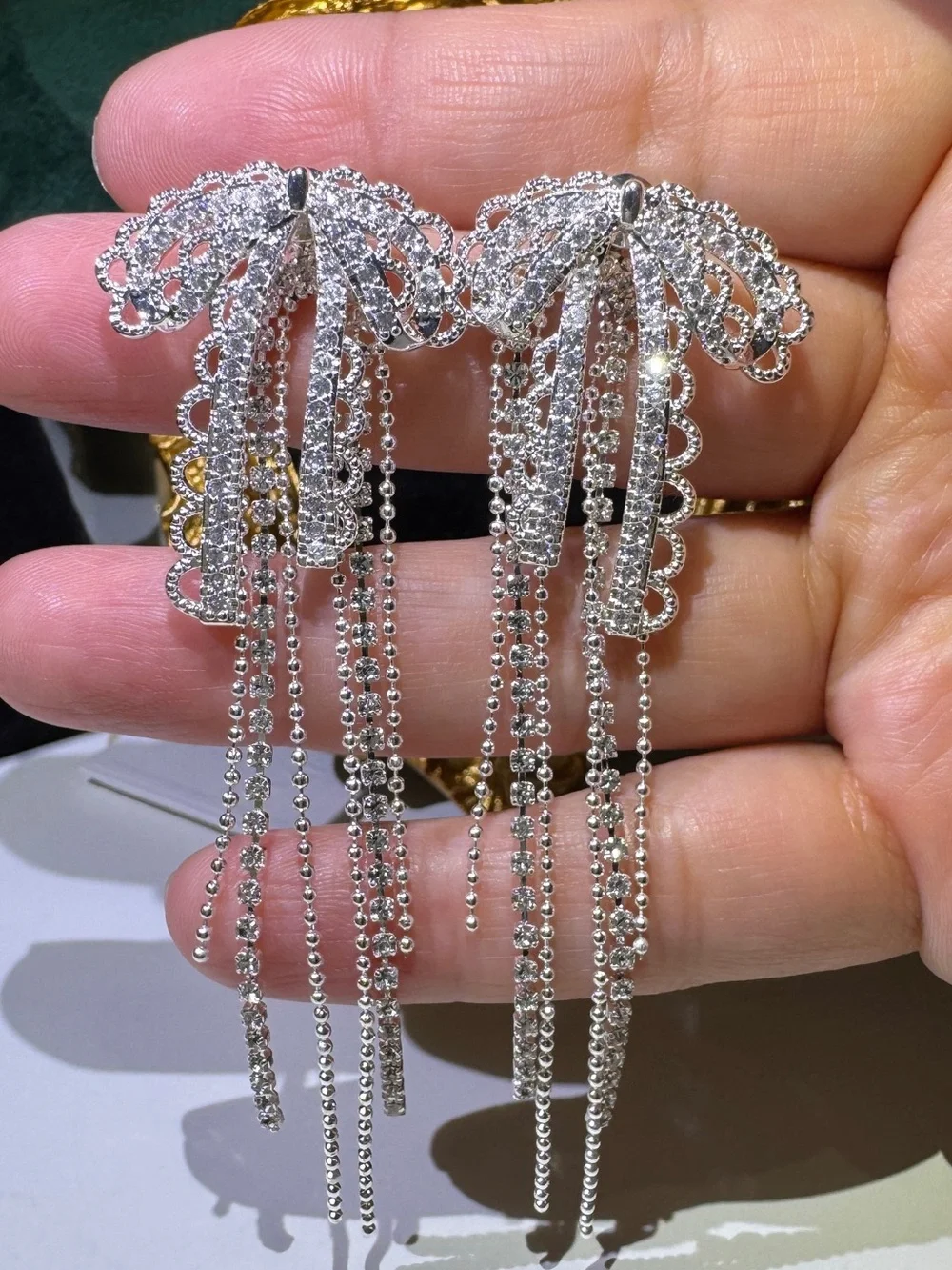 Luxury CZ Bow Tassel Earrings S925 Sterling Silver Posts